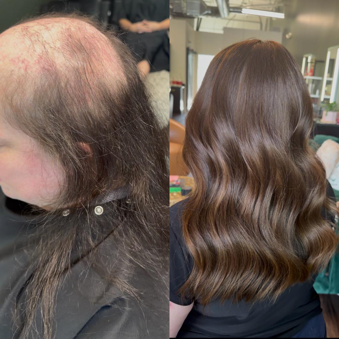Before and after of thin hair restored to full, glossy brown waves at Lumina Extensions & Beauty Bar, Cary NC