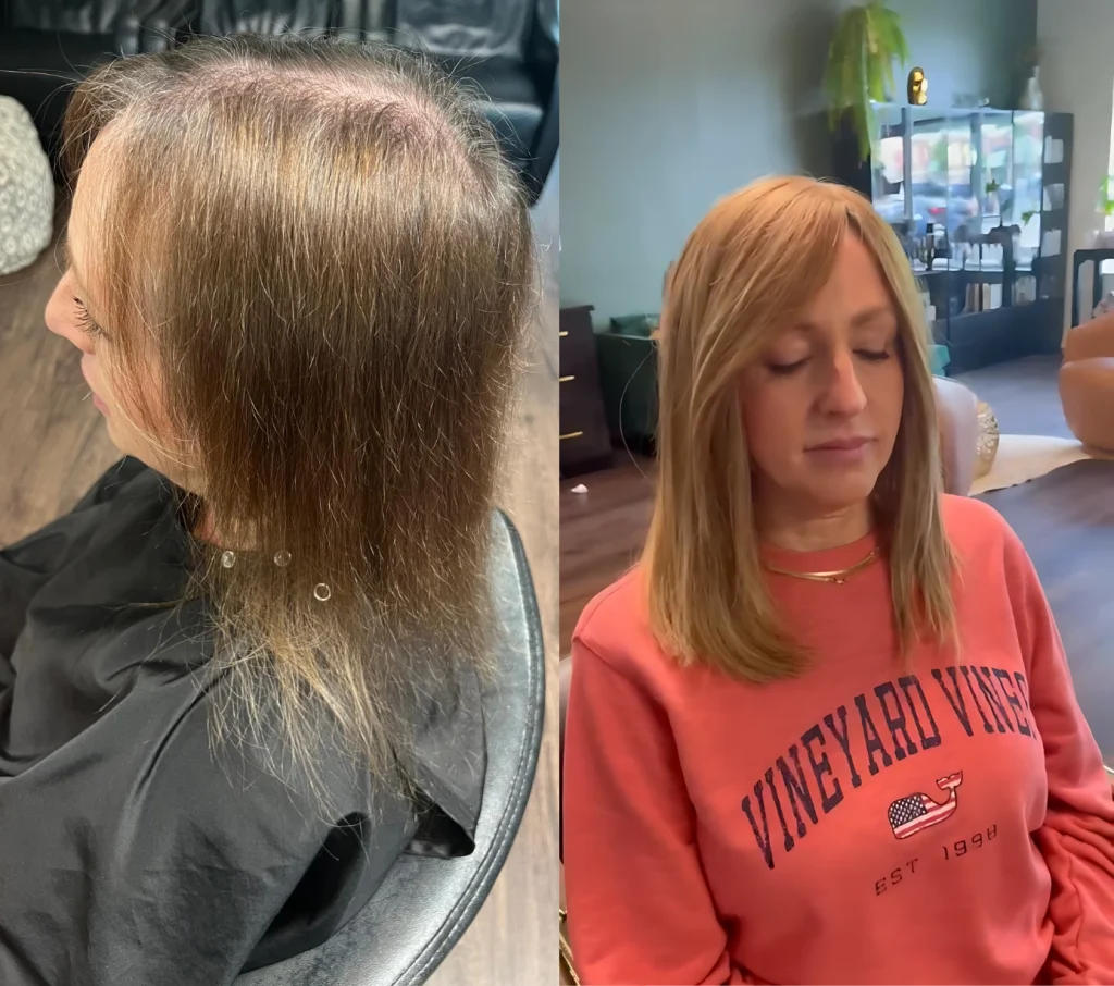 Before and after hair transformation at Lumina Extensions & Beauty Bar, Cary, NC