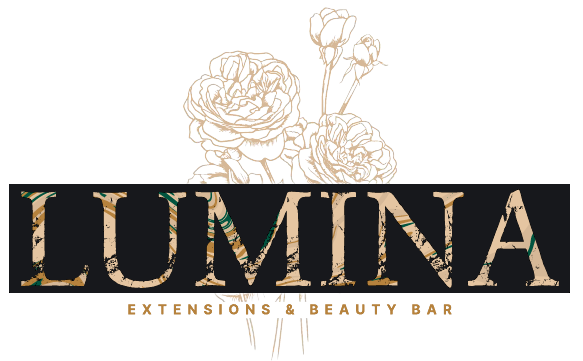 Lumina Extensions & Beauty Bar logo, gold subtitle, charcoal background